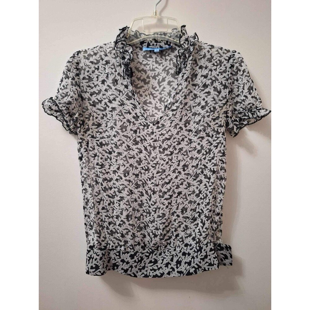 Antonio Melani Silk Blend Sheer Blouse Black White  Ruffle Short Sleeve 0